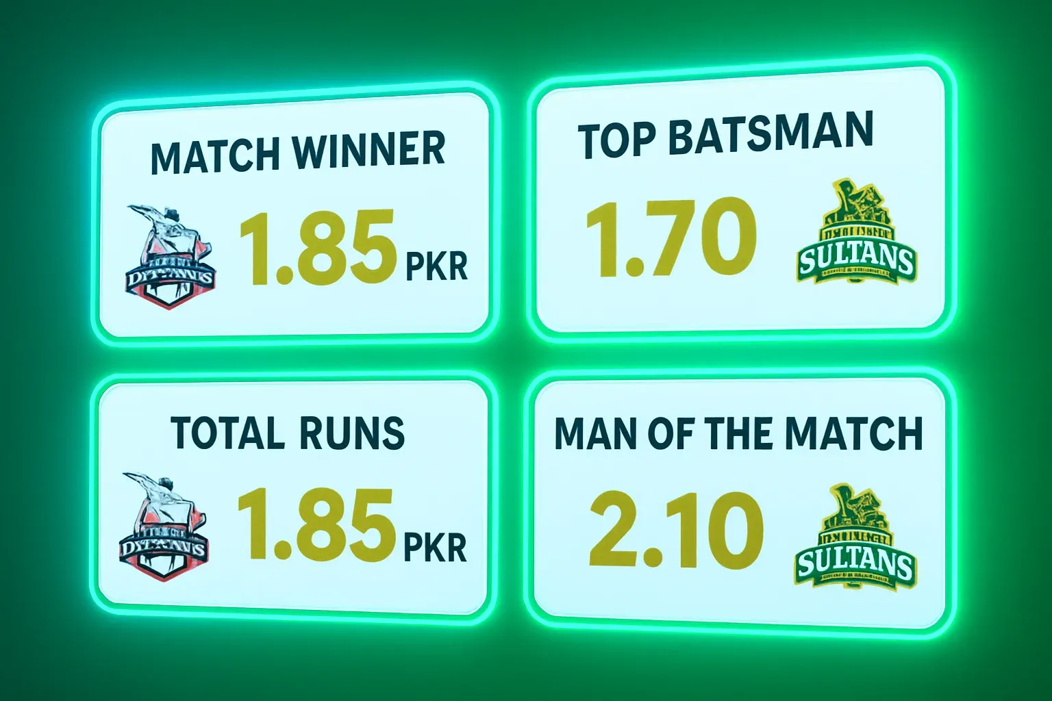 Cricket betting markets interface with white cards, PKR odds, and PSL crests