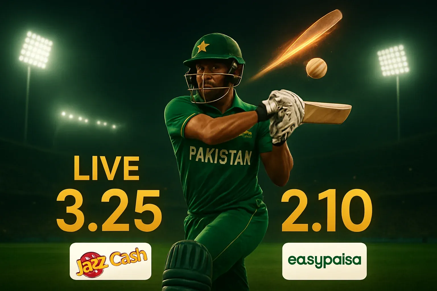 Pakistani cricket betting banner with PSL stadium, batsman, live odds