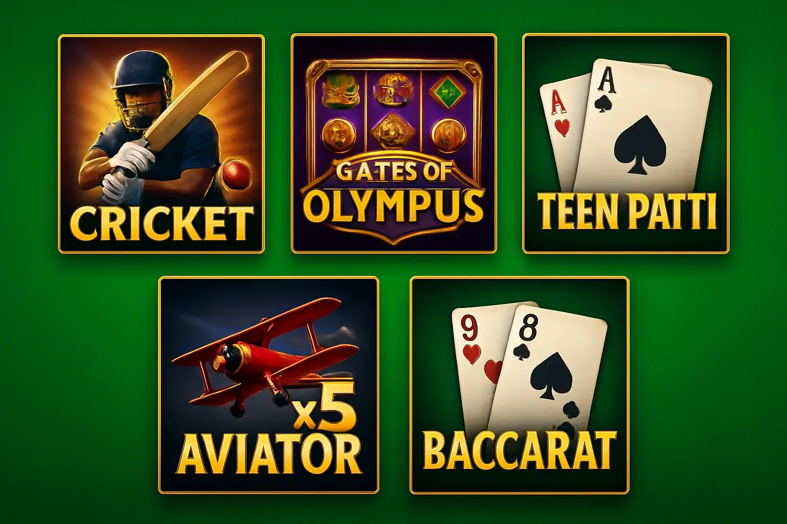 Five Pakistani casino game covers on bright green gradient background