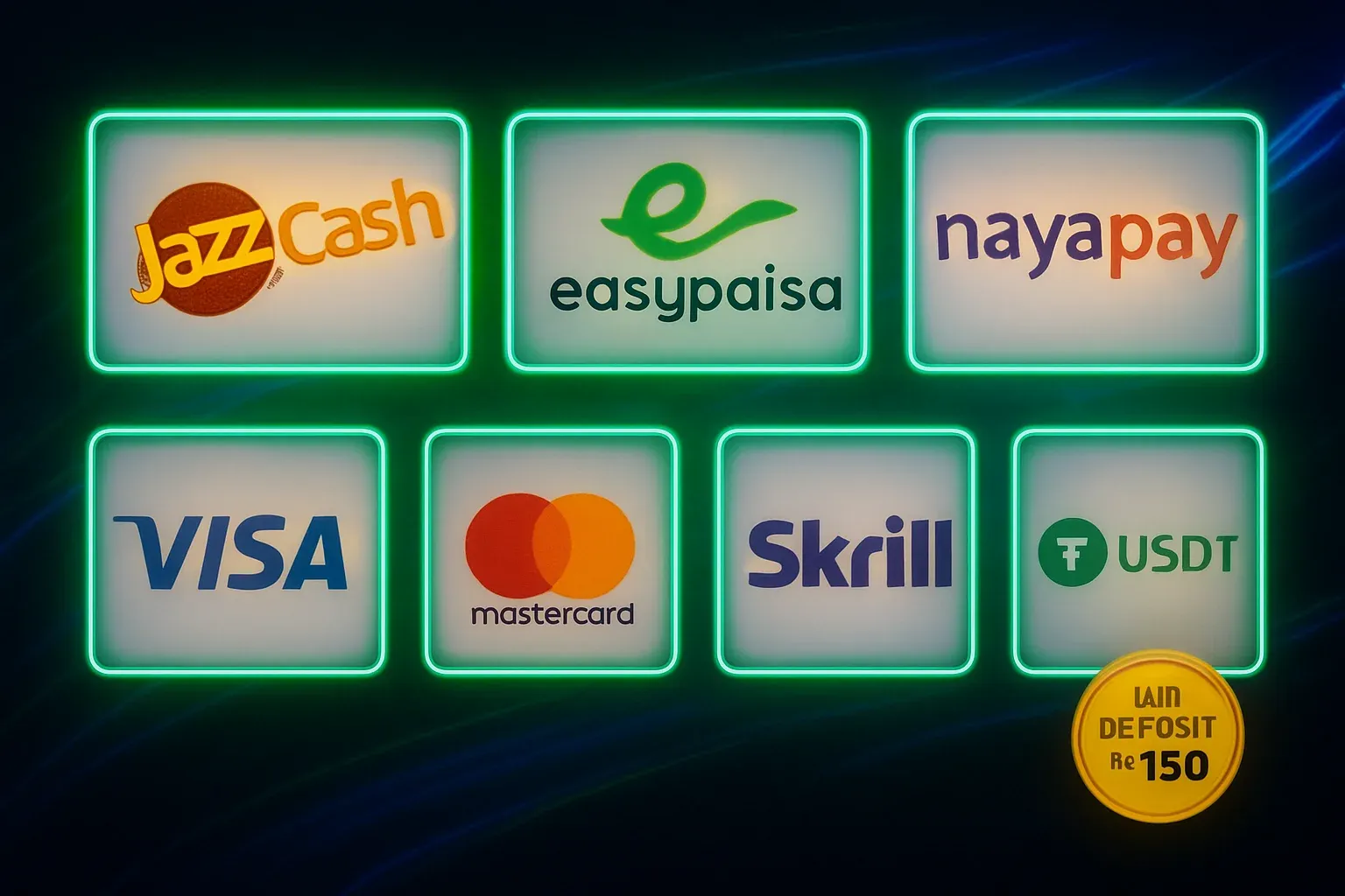 Pakistani payment logos on white cards with green borders and deposit badge