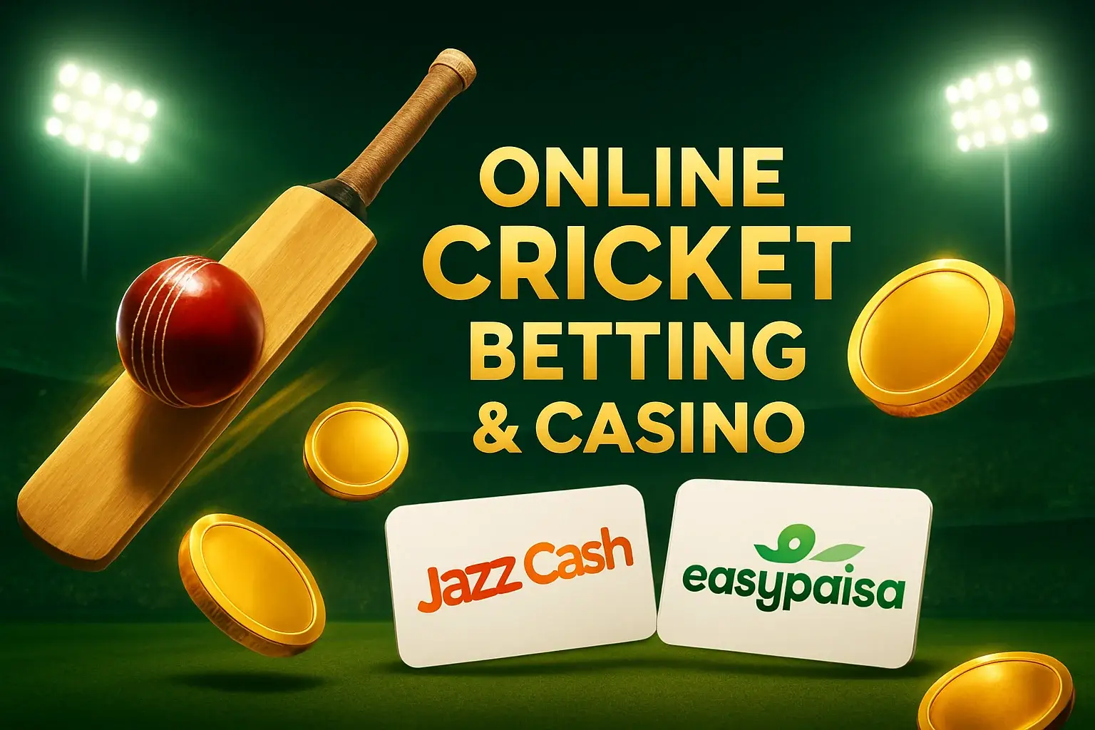 Pakistani cricket betting casino banner with stadium, coins, and payment cards