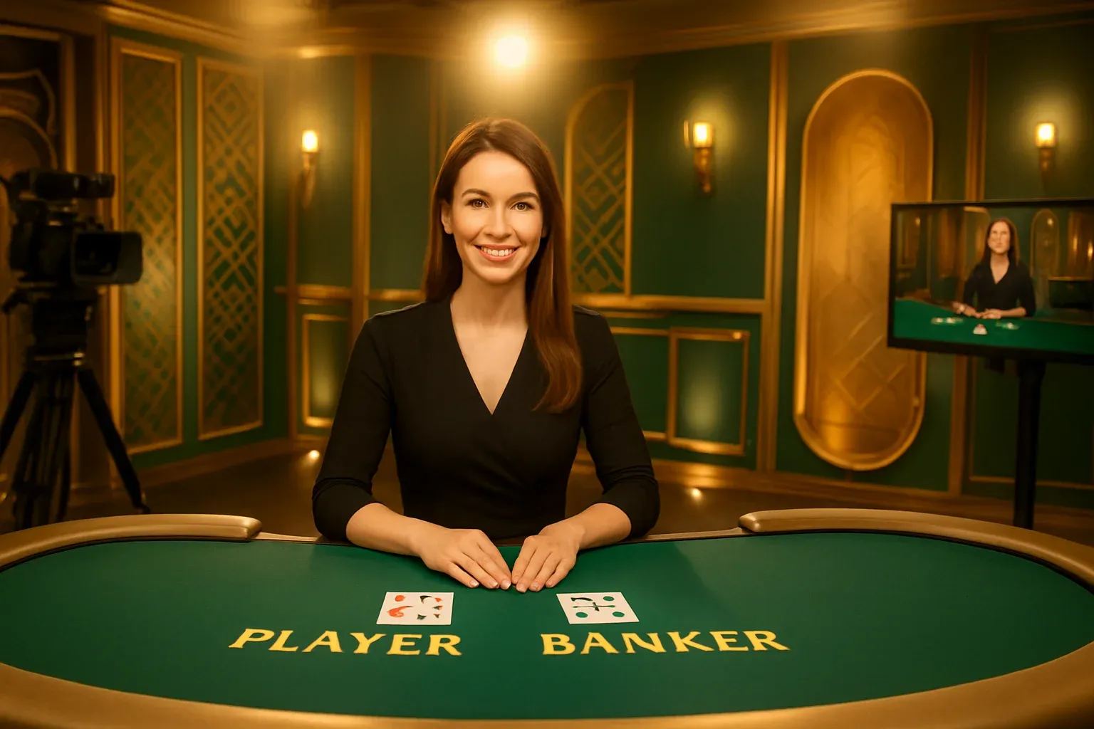 Professional female dealer in bright live baccarat studio with cameras
