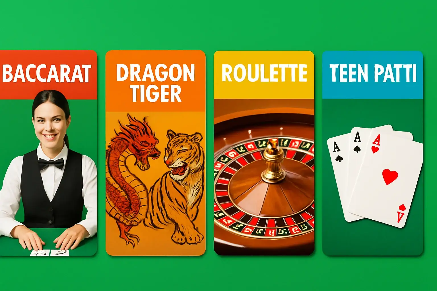 Four live casino game covers on bright emerald green background