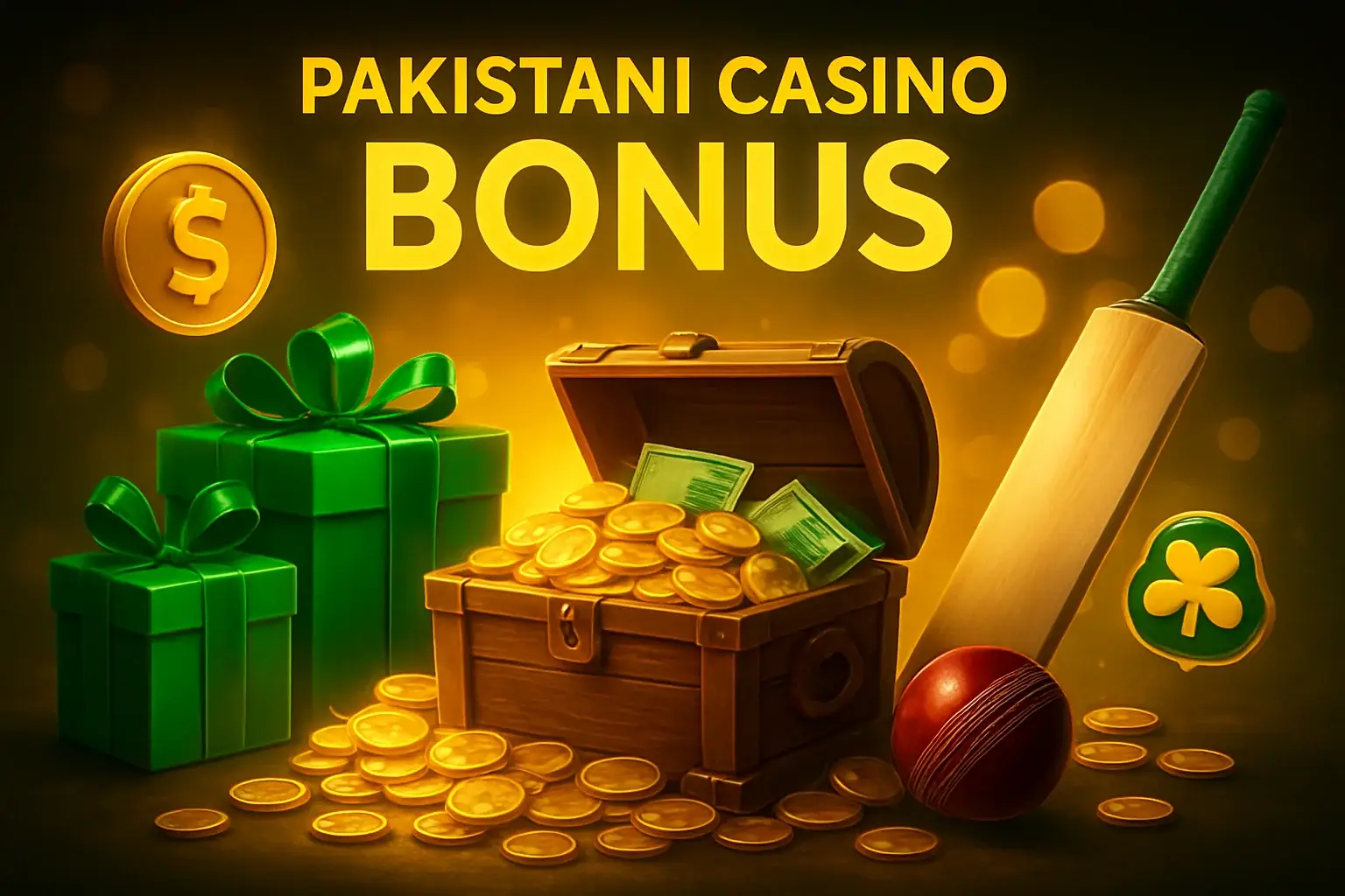 Pakistani casino bonus banner with treasure chest, rupee notes, gifts and cricket symbols