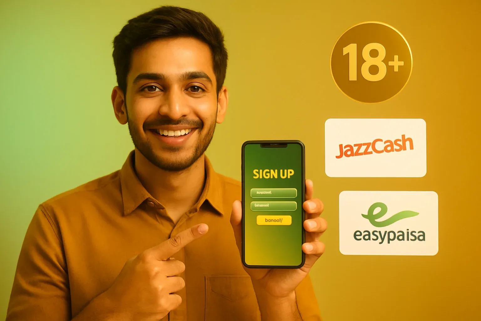 Young Pakistani man showing casino sign-up screen with JazzCash, Easypaisa, and 18+ badge