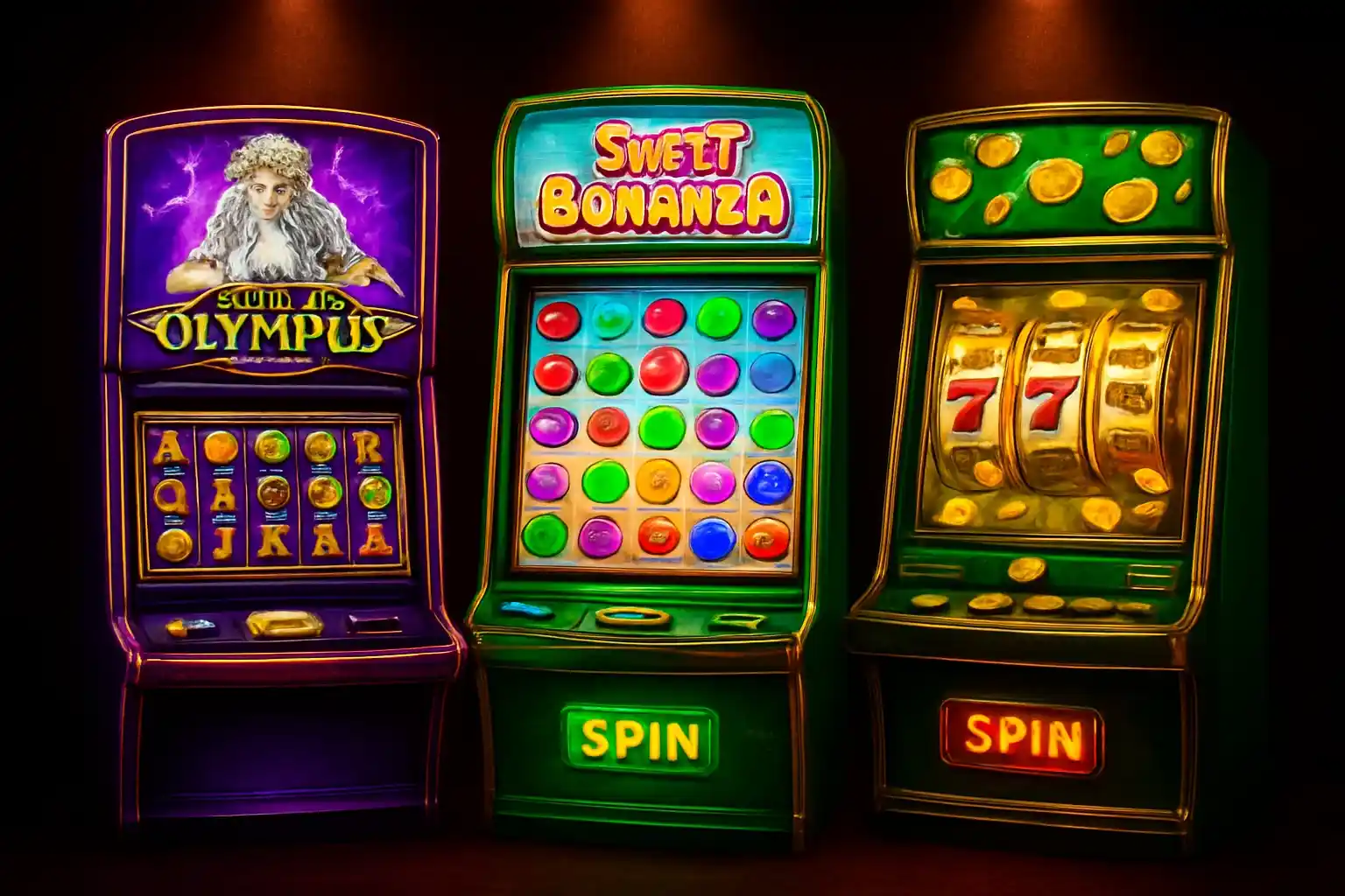 Pakistani casino slots collage with Zeus, candy reels, gold coins