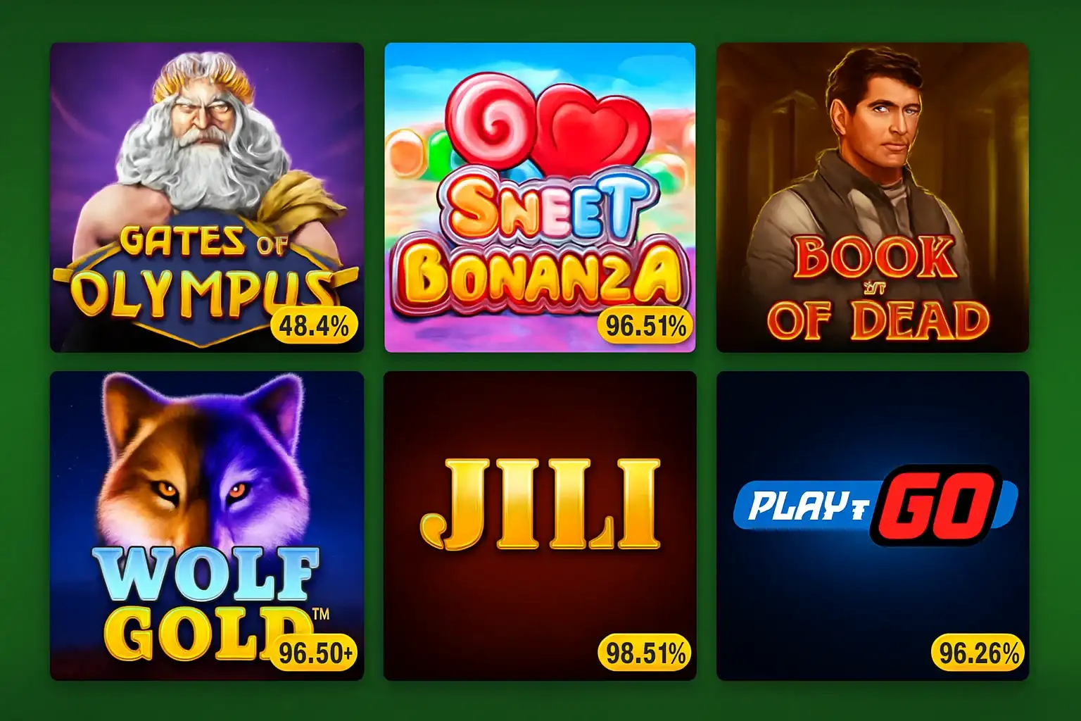 Grid of six popular slot game covers on vivid green background