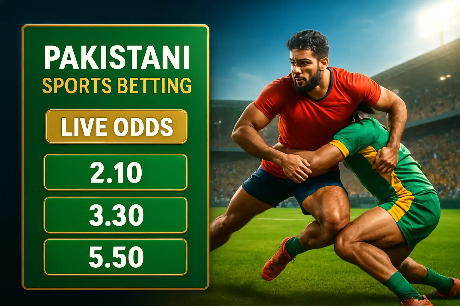 Pakistani sports betting banner with kabaddi action and live odds panel