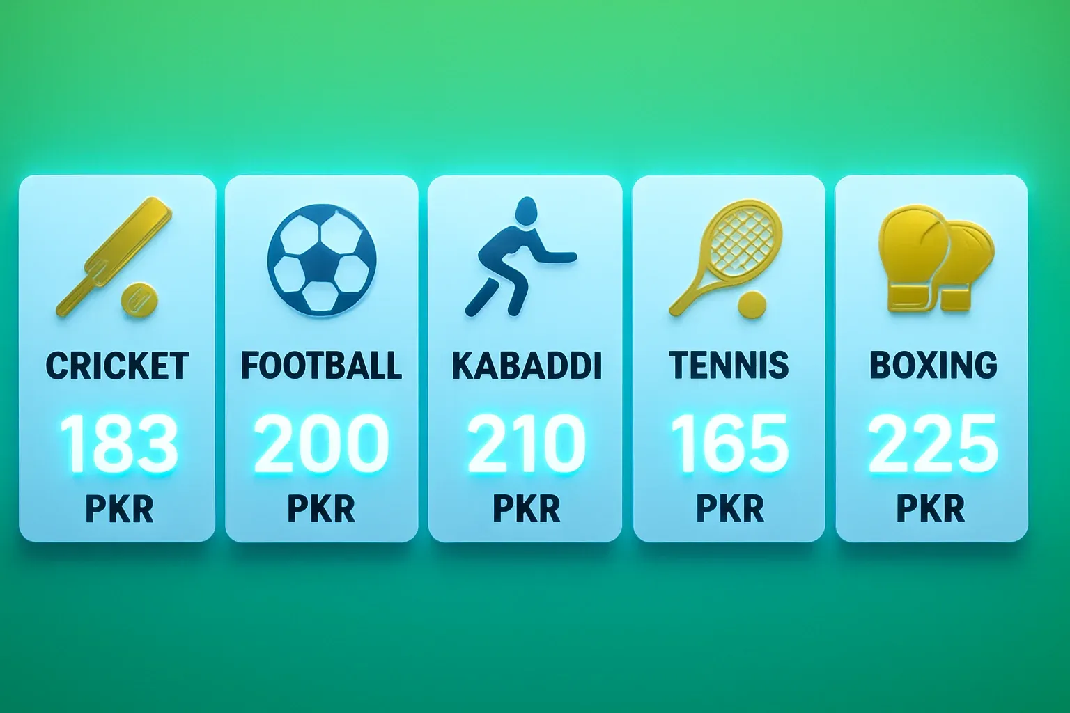 Sports betting market cards with cricket, football, kabaddi, tennis, and boxing odds