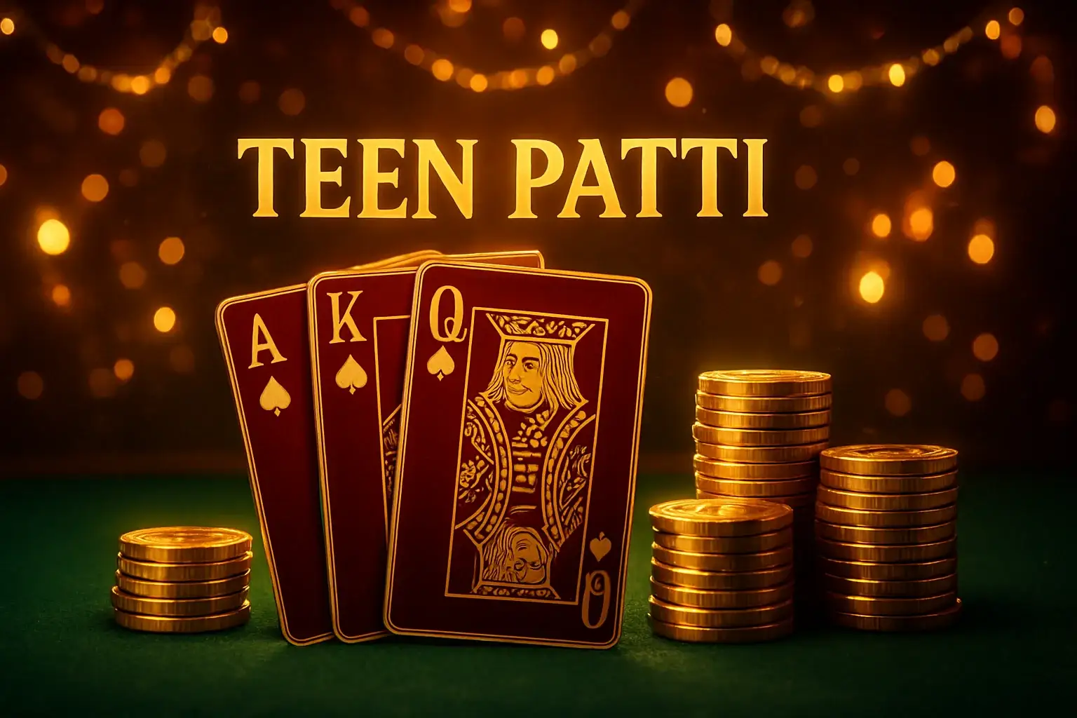 Teen Patti banner with royal flush cards, gold chips, festive green table