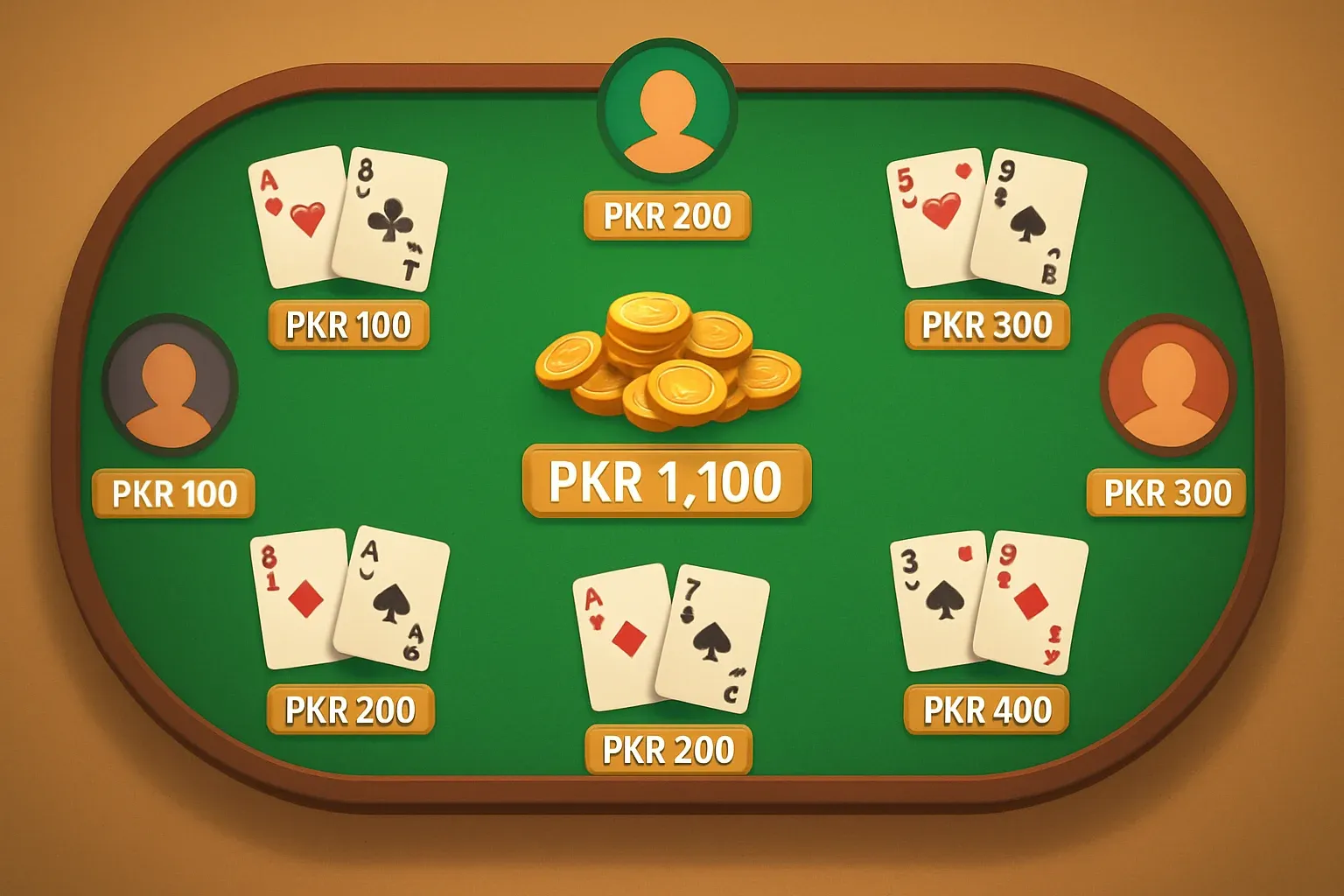 Aerial view of Teen Patti table with six players and gold coins